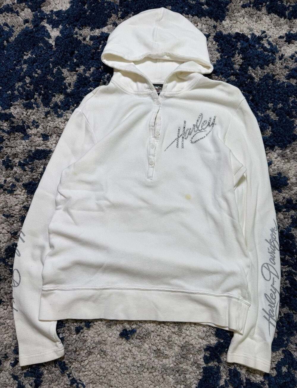 Harley-Davidson Women's White Waffle Knit Thermal Henley Hoodie with Rhinestones
